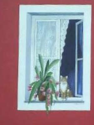 Fenster mit Katze auf Fassade (Gibelwand) gemalt 