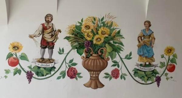 Rekonstruktion einer rustikalen Wandmalerei in einem bäuerlichen Anwesen (Isidor & Notburga)